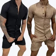 Conjunto Camisa Social com Gola Padre e Bermuda de Linho Masculino Mauricinho Premium