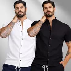 Kit 2 Camiseta Social Manga Curta Masculina Gola Padre Slim Fit Algodão Blusa Linho