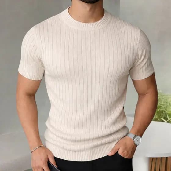 Camiseta Masculina De Tricot Manga Curta Gola Redonda Slim Estilosa Luxo Texturizada Básica Casual Reta Malha Premium