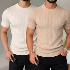 Kits 2 Camiseta Masculina De Tricot Manga Curta Gola Redonda Slim Estilosa Luxo Texturizada Casual Básica Reta Malha Pre