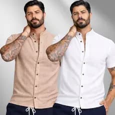 Kit 2 Camiseta Social Manga Curta Gola Padre Algodão Masculina Slim Fit Gola Padre Blusa Linho