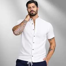 Camiseta Social Manga Curta Gola Padre Algodão Masculina Slim Fit Blusa Linho Gola Padre
