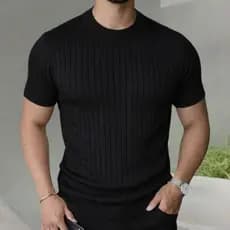 Camiseta Masculina De Tricot Manga Curta Gola Redonda Slim Estilosa Luxo Texturizada Casual Básica Reta Malha Premium