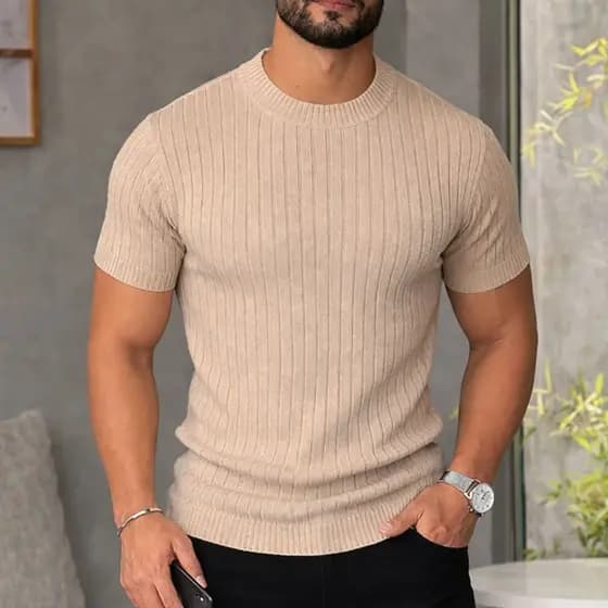 Camiseta Masculina De Tricot Manga Curta Gola Redonda Slim Estilosa Luxo Texturizada Casual Básica Reta Malha Premium