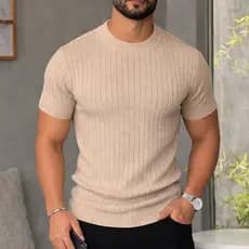 Camiseta Masculina De Tricot Manga Curta Gola Redonda Slim Estilosa Luxo Texturizada Casual Básica Reta Malha Premium