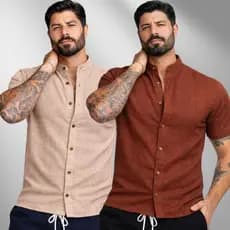 Kit 2 Camiseta Social Manga Curta Gola Padre Algodão Masculina Blusa Linho Slim Fit Gola Padre