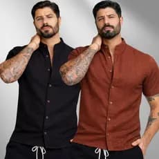 Kit 2 Camiseta Social Manga Curta Masculina Gola Padre Algodão Slim Fit Gola Padre Blusa Linho