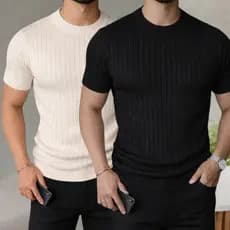 Kits 2 Camiseta Masculina De Tricot Manga Curta Gola Redonda Slim Estilosa Texturizada Luxo Casual Básica Reta Malha Pre