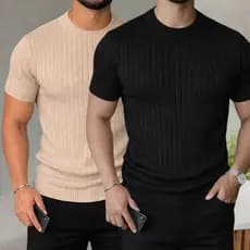 Kits 2 Camiseta Masculina De Tricot Manga Curta Gola Redonda Slim Estilosa Luxo Texturizada Reta Malha Casual Básica Pre