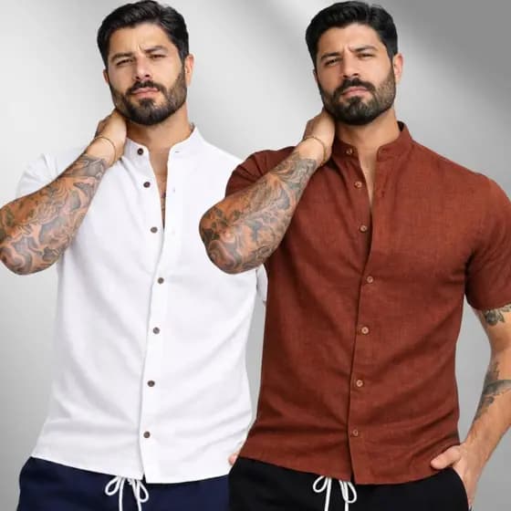 Kit 2 Camiseta Social Manga Curta Masculina Gola Padre Slim Fit Algodão Gola Padre Blusa Linho