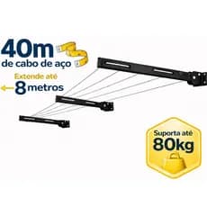 Varal De Roupa Retrátil Parede Muro Apartamento Casa 60 kg  3 Hastes ate 8 Metros