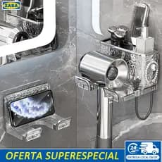 Suporte de parede de luxo para secador de cabelo com caixa de armazenamento, sem necessidade de furar.