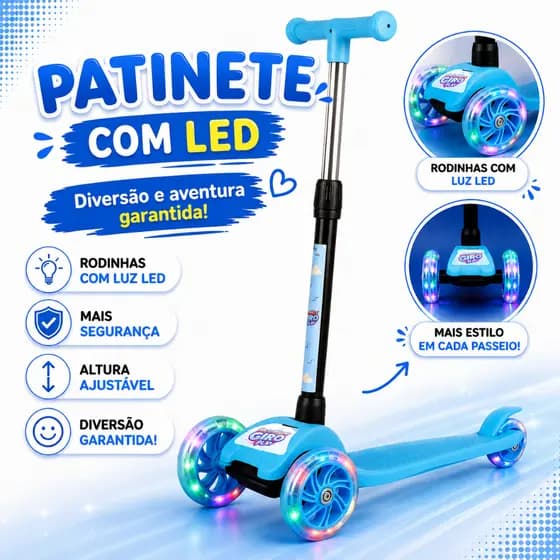 Patinete Dobrável Azul Infantil Com 3 Rodas Led - Castela