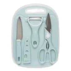 Kit Descascador Fatiador Inox Legumes Frutas Dupla Lâmina tesoura inox tabua de corte mais faca
