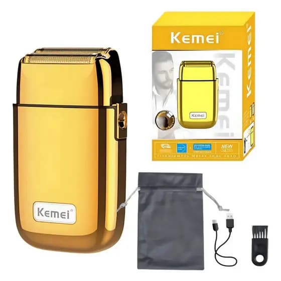 Máquina de Cortar Cabelo Acabamento Shaver Kemei KM-TX1 Metal Profissional Sem fio Dourado ou Prata - Bivolt
