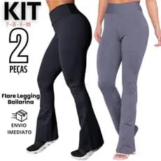 Kit 2 Calça Legging Flare Feminina Bailarina Suplex Boca de Sino Cintura Alta PROMOÇÃO