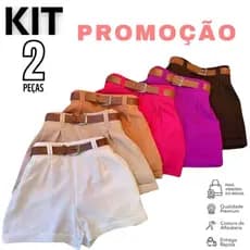 Kit 2 Short Alfaiataria Feminino Com Bolso Com Cinto Cintura Alta PROMOÇÃO