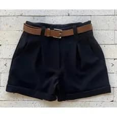 Short Feminino Alfaiataria Com Bolso Com Cinto Cintura Alta PROMOÇÃO