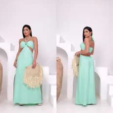 vestio longo feminino con bojo e alça tecido duna linho