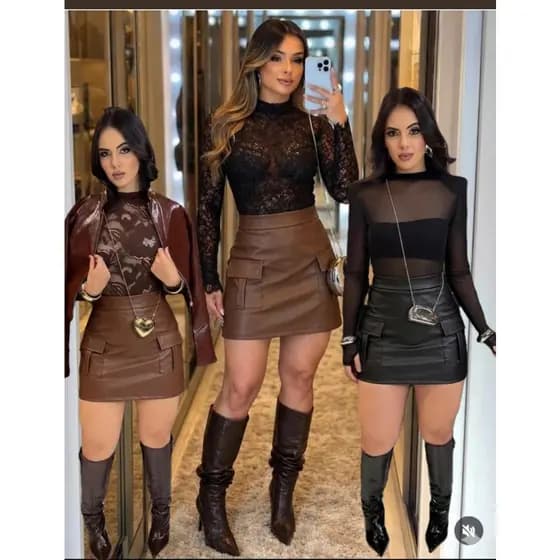 saia cargo feminina  courino fake Com Bolsos Verdadeiros e Ziper [ Moda Blogueiro P_M_G