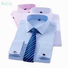 3527 Azul Branco Casamento Clássico dos homens Manga Longa Unpushless Smoking Punho Francês Vestido Camisa Com Botões Fe