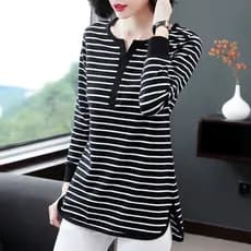 Blusa Feminina Plus Size, Novo Estilo, Listrada, Manga Longa, Solta, Estilo Coreano, Comprimento Médio 0841