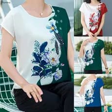 Blusa Feminina Plus Size de Seda Gelada Solta com Decote Redondo e Manga Curta Nova Moda 0841