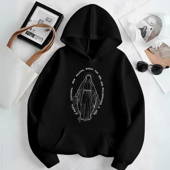 Moletom Nossa Senhora Católico Unissex Canguru Blusa de Frio Religiosa Estampada Cristã
