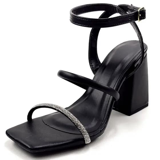 Sandália Feminina Com Brilho Strass Pedraria Salto Bloco Alto Grosso 9cm
