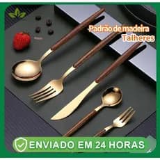 Jogo De Talheres Aço Inoxidável Ouro Alças De Madeira– Aço Inoxidável Luxo para Mesa