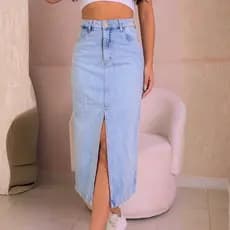 Saia Jeans Midi Feminina Cós Alto 100% Algodão com Fenda Frontal Tecido Premium Encorpado
