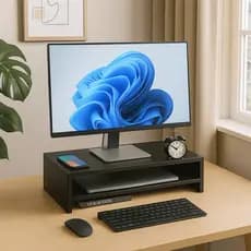 Suporte Preto Para Monitor E Notebook De Mesa Gamer Madeira