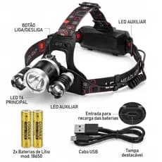 Lanterna Cabeça Profissional 3 Led T6 Cree 2 Bat. Pesca Caça