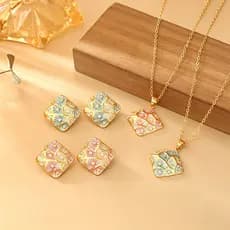 Novidades Conjunto De Brincos E Colar Geométricos Esmaltados De Luxo Leve Estilo Francês , design floral Exclusivo Com G