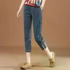 Jeans cortados elásticos femininos verão estilo fino 2026 Casual bordado fenda papai Harem calças