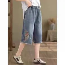 Calças de brim de verão femininas novo estilo chinês bordado cintura elástica estilo fino solto tamanho grande Casual ca