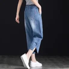 Calças de brim pequenas femininas verão solto cintura alta simples moda Casual pai fino cortado Harem calças