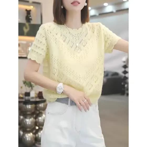 Crochê oco malhas de manga curta camiseta feminina 2026 verão elegante All-Match em torno do pescoço fino solto topo