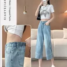 Jeans feminino recortado verão 2026 fino cintura alta mais magro olhar enrolado cintura elástica pequenas calças retas