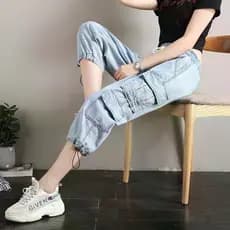 Pequeno tamanho pequeno cortado macacão Jeans feminino verão fino cintura alta mais magro olhar solto em linha reta Hare