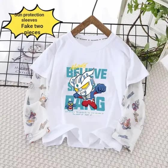 Ultraman puro algodão falso camiseta de duas peças verão crianças bebê protetor solar de manga comprida roupas superiore