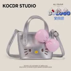 KT Cat Hello Kitty Girl Bolsa mensageiro fofa de desenho animado Bowknot Cat Bucket Bolsa requintada para meninas Bolsa