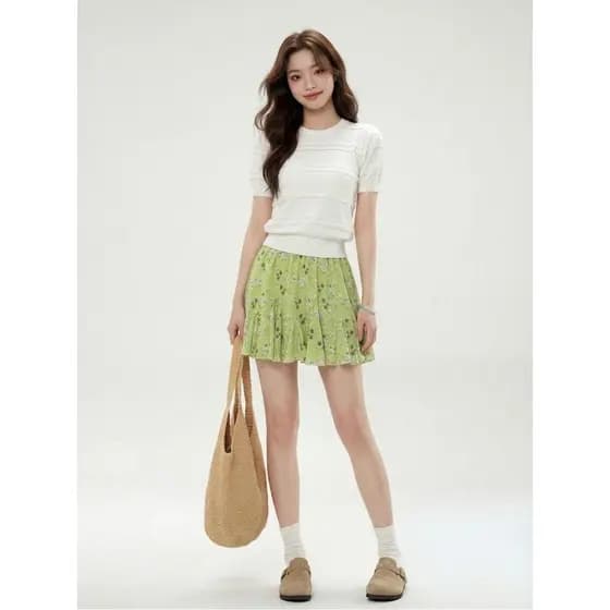Mulheres coreanas estilo minimalista verão idade-reduzindo malhas brancas saia Floral terno de duas peças High-End peque