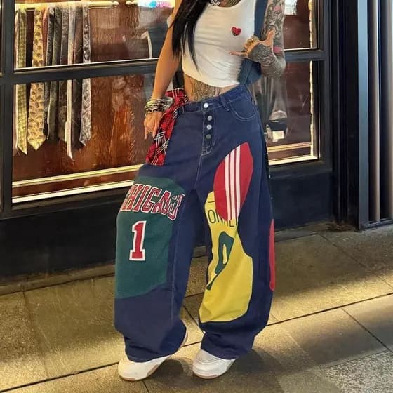 Americano Retro na moda remendo impresso Jeans de perna larga feminino menina quente solto bf estilo preguiçoso calças d