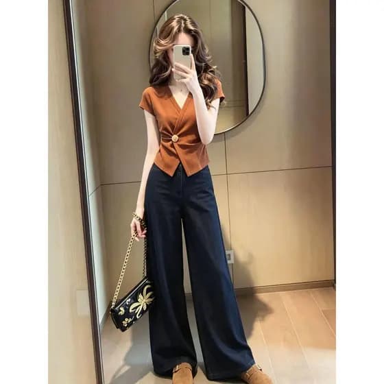 Tamanho grande temperamento francês com decote em V mais magro olhar de manga curta camiseta feminina 2026 verão gordura