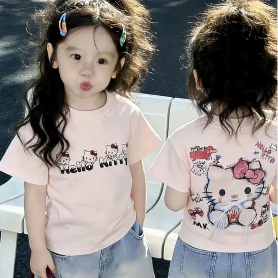 Meninas tridimensional arco dos desenhos animados pipa gato puro algodão de manga curta camiseta 2026 verão crianças dos