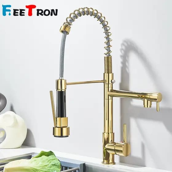Torneira De Cozinha Gourmet Alça Única Com Extensor De Spray-Preto/Ouro Rosa