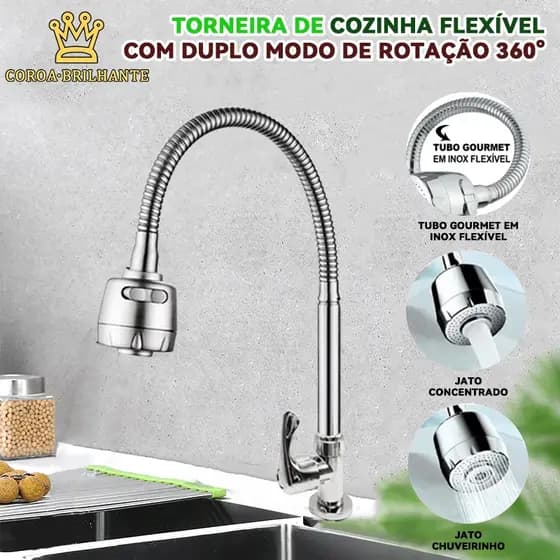 Torneira de cozinha flexível com duplo modo de rotação 360°