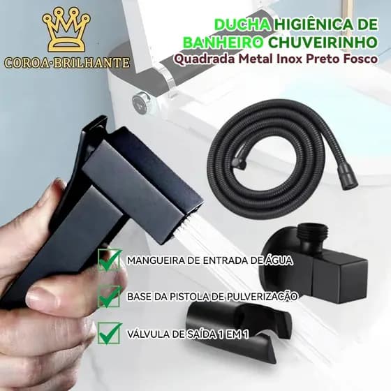 Ducha Higiênica De Banheiro Chuveirinho Quadrada Metal Inox Preto Fosco