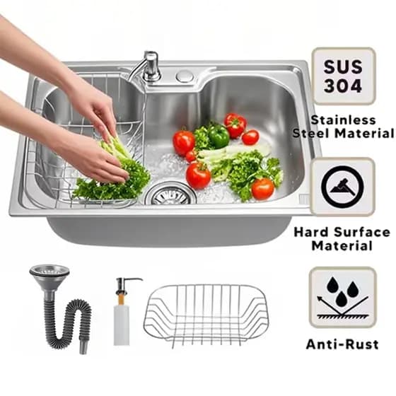 Kit Cuba Gourmet Cozinha Aço  Inox Com  conjunto de dreno E Sabonete  Dispenser e Cesto para escorrer água 50/60x40x21cm
